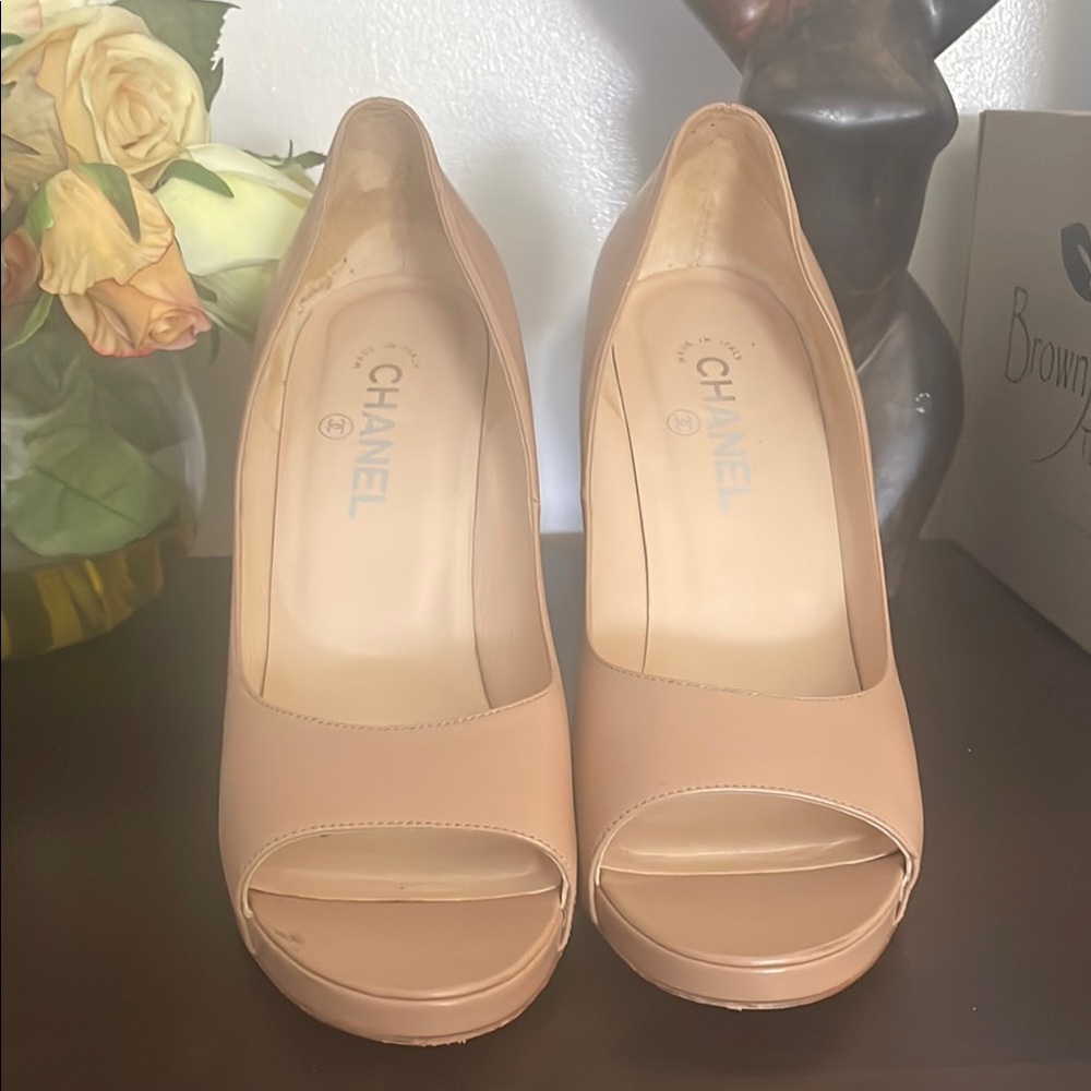 Chanel Women's Tan Peep Toe Heels